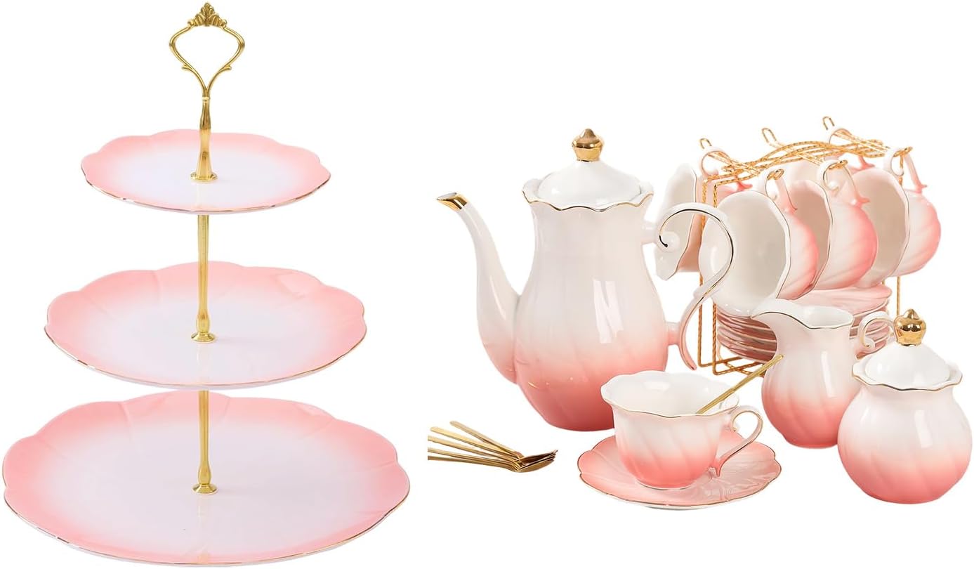 DUJUST 22 pcs Porcelain Tea Set for 6 ＆ Larger 3-Tier Cupcake Stand Tower, Luxury British Style Tea/Coffee Cup Set with Golden Trim, Food Grade Dessert Display Stand for Tea Party & Home Décor