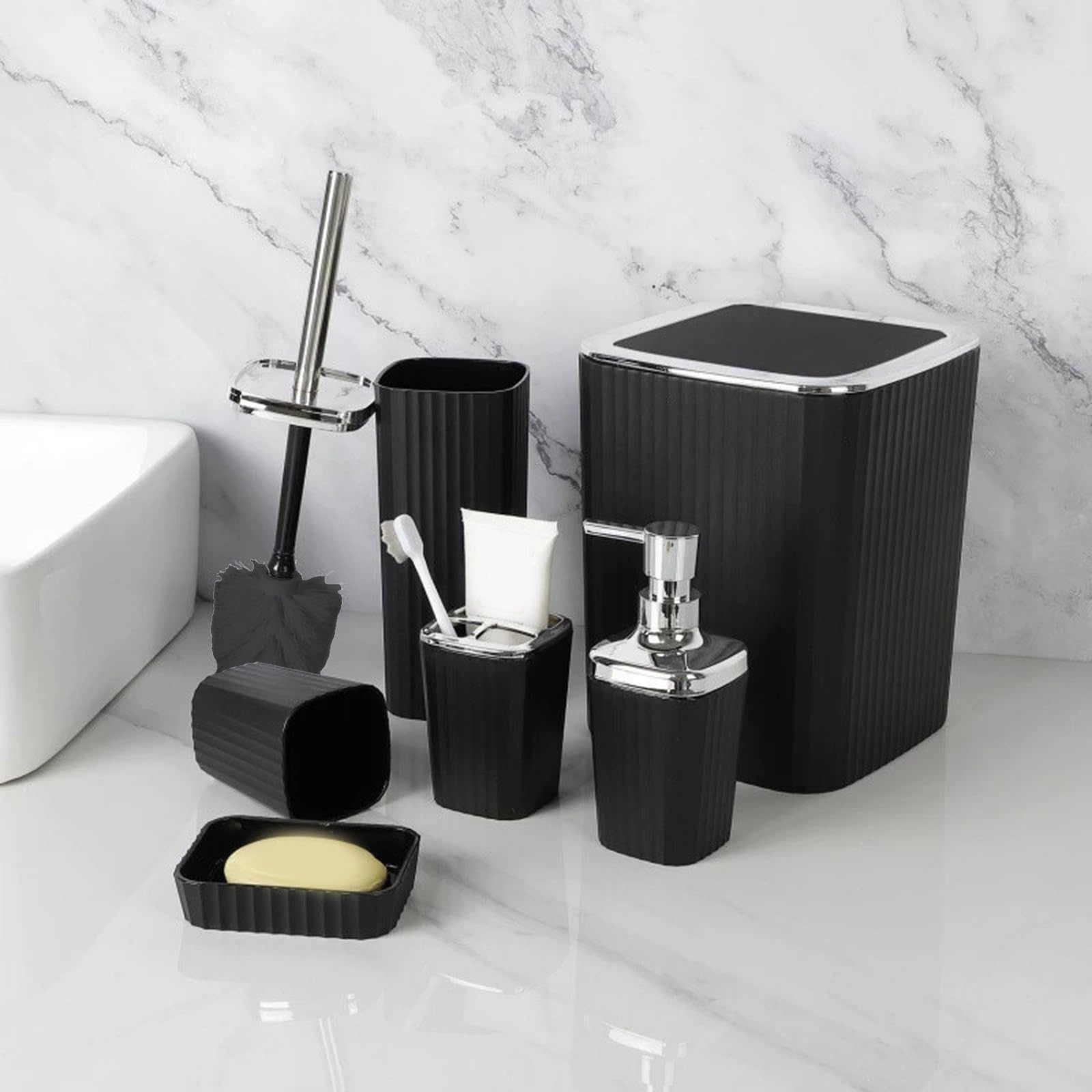 Juego completo de 6 piezas esenciales para el baño con soporte para cepillo de dientes, dispensador de jabón líquido de manos, bote de basura, dispensador de jabón reutilizable y juego de vasos para
