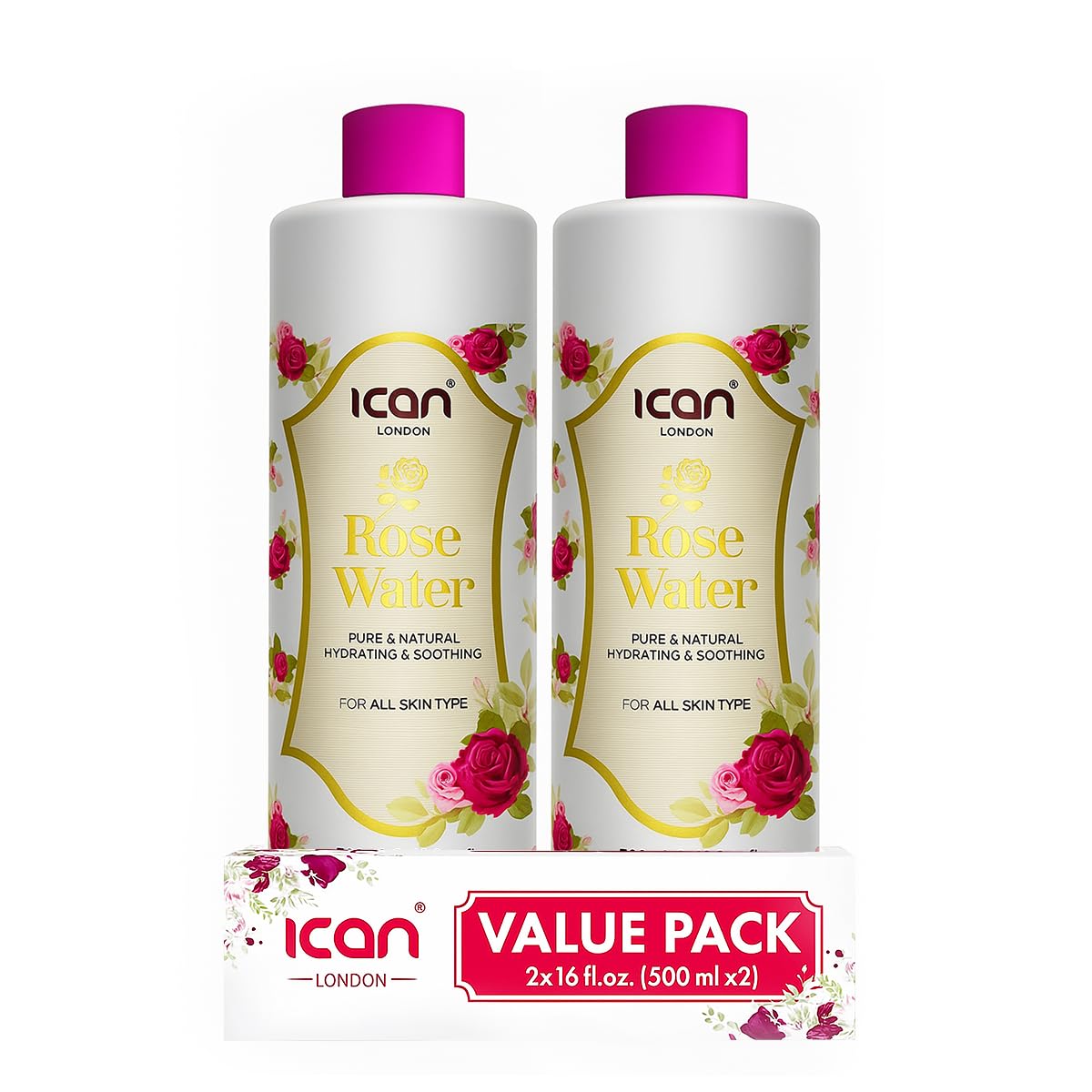 ican 100% Natural Rose Water, Hydrating and Purifying Rose Water 2 x 500ml (1000ml)