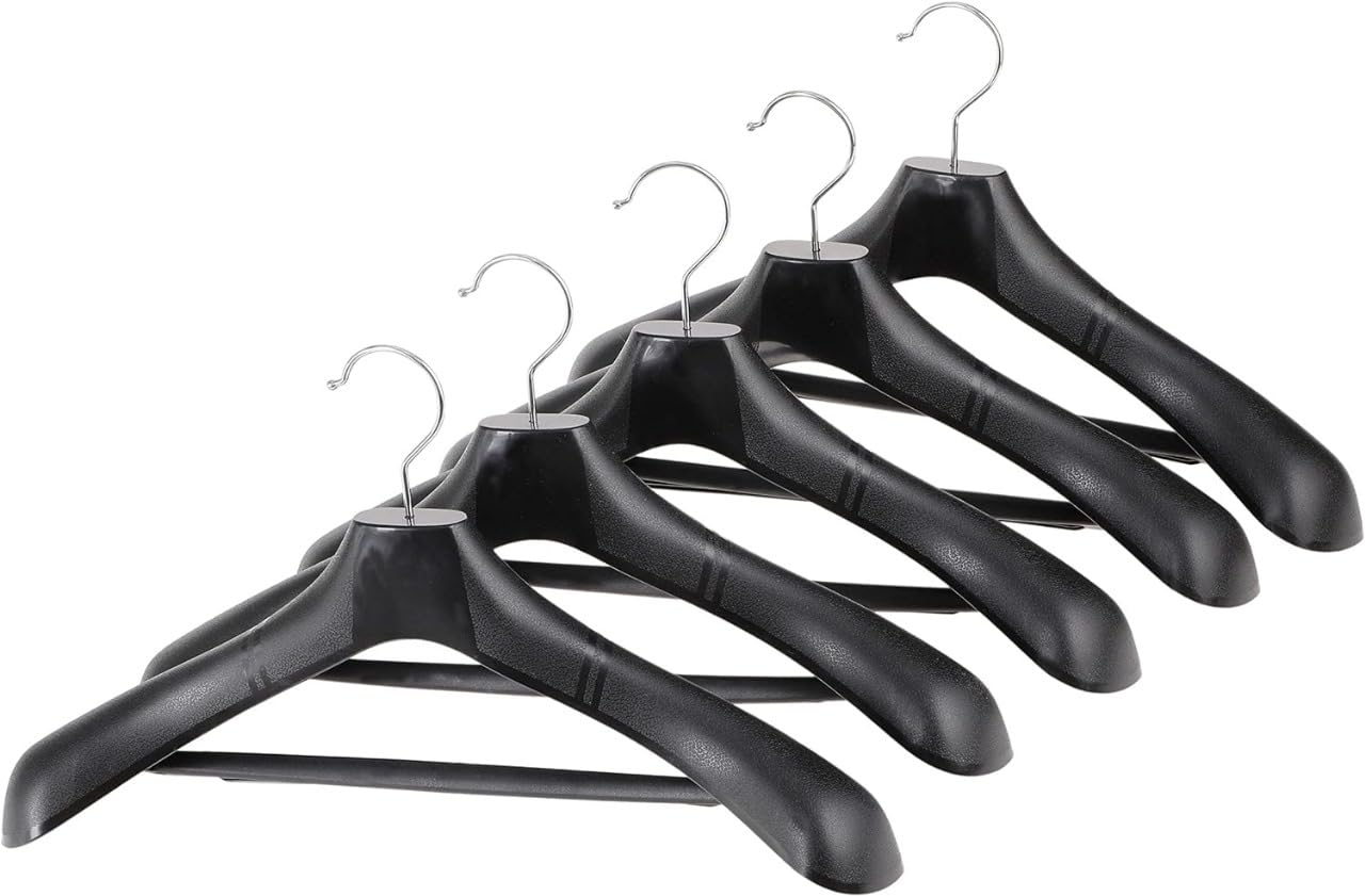ZOBER High-Grade Wide Shoulder Plastic Coat Hangers Non Slip Pants Bar - Smooth Finish Suit, Coat Hanger, Holds Upto 20lbs, 360° Swivel Hook, for Dress, Jacket, Heavy Clothes Hangers (10 PACK, BLACK)