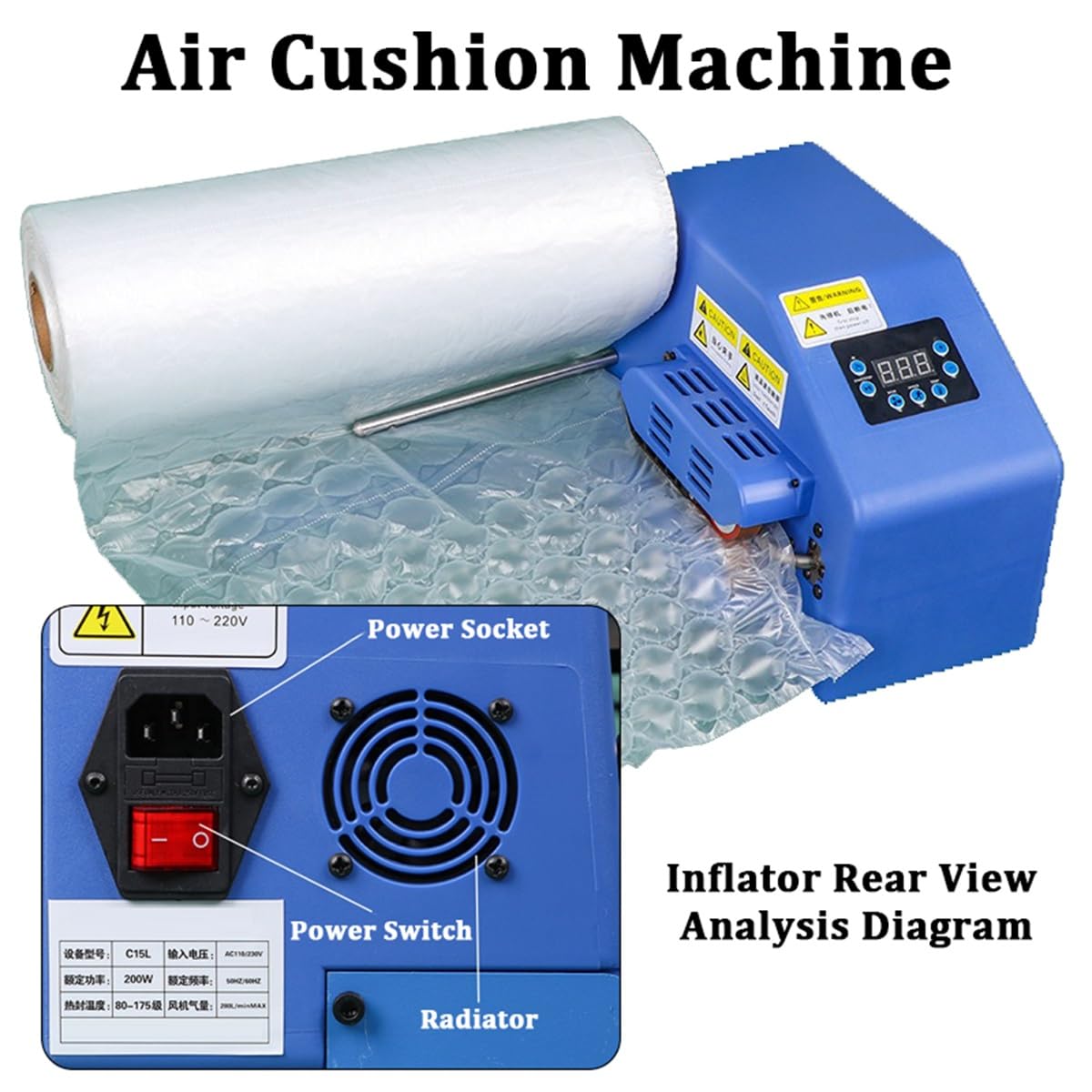 Máquina de cojín de aire, equipo de embalaje inflable portátil, fabricante de almohadas de aire de 280 l/min para suministros de envío y embalaje, 200 W, velocidad de producción de 50 pies/min