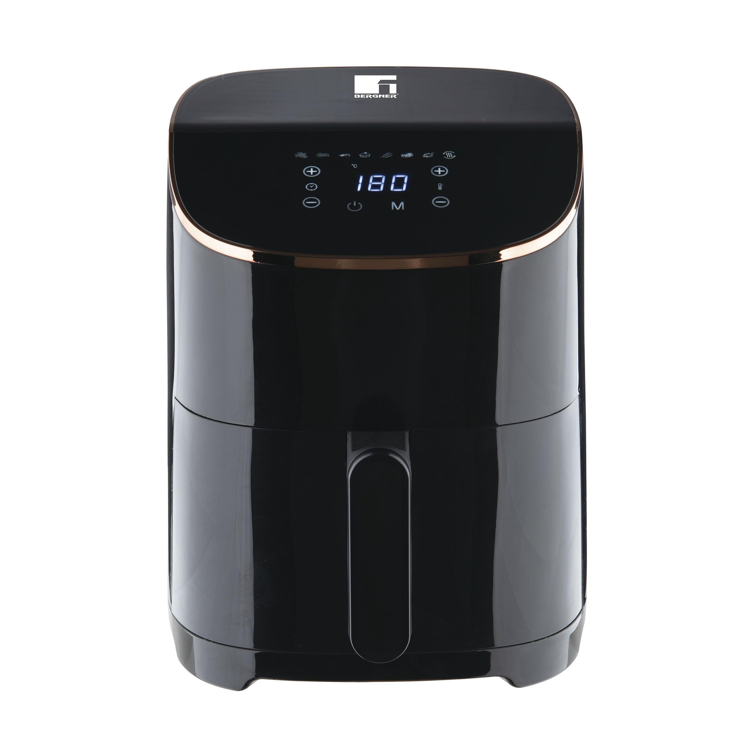 BERGNER Copper – Friggitrice ad aria 4,8 litri – Potenza 1300 W – Timer 30 minuti – Temperatura regolabile – Contenitore rimovibile – Rivestimento antiaderente – Airfryer sicuro al tatto