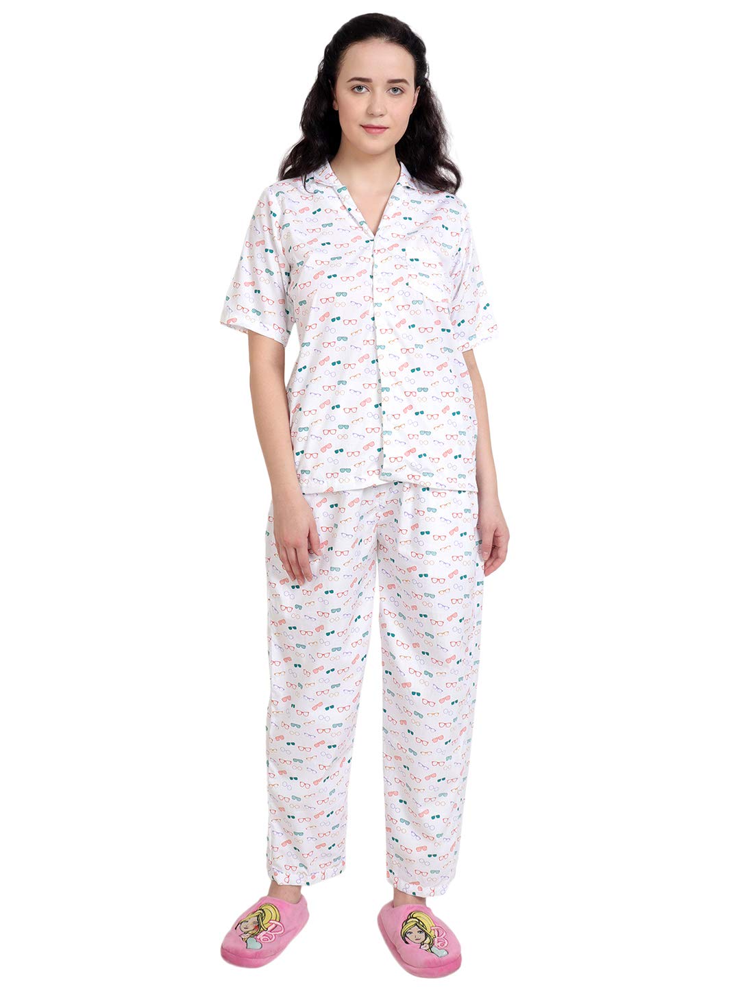 panchayati mausi Unisex White Printed Night Suit Pyjama Set (Get Free Face Mask Inside)-picture-40