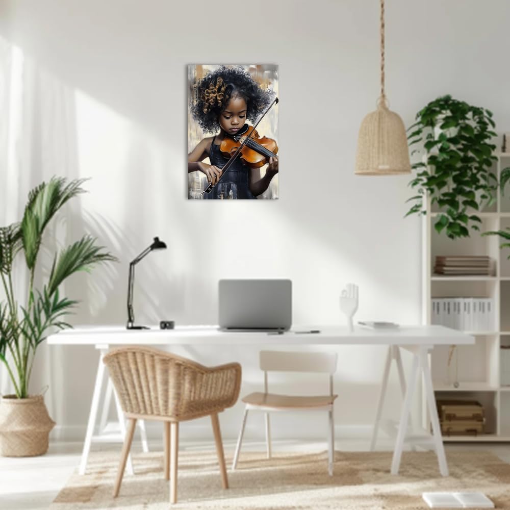 ZQQART African American Wall Art African Child Playing Violin Piano Canvas Painting African American Picture Black Music Art Wall Decor Frame(Black,12.00" x 18.00")