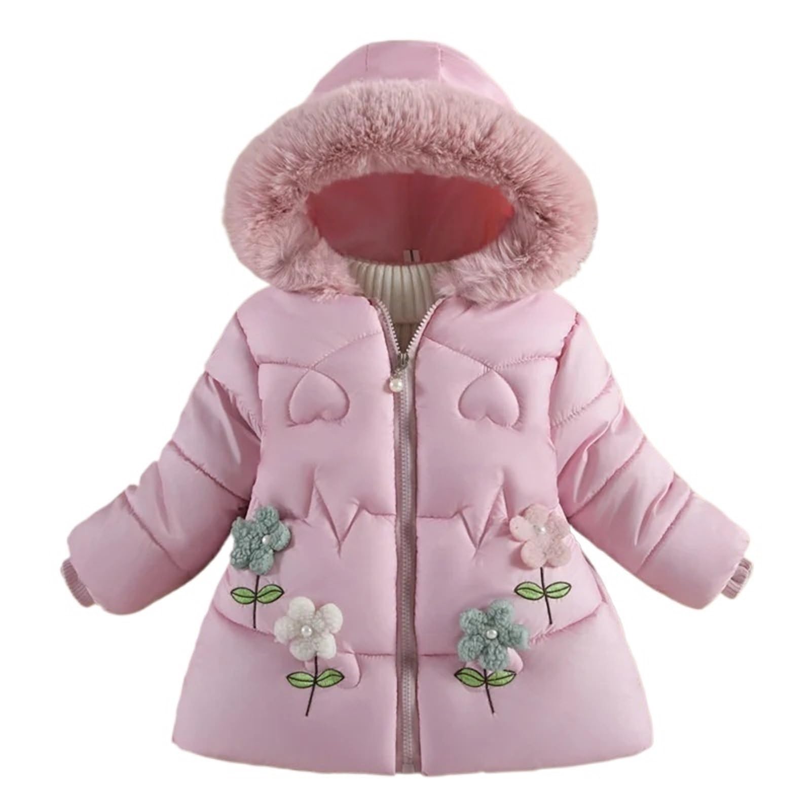 Gepolsterte Daunenmäntel for Baby-Mädchen 2024 – niedliche lässige Winterjacken mit Kapuze, verdickte Baumwollparkas for Kinder (2–4 Jahre)(Pink,4T(Size 110))