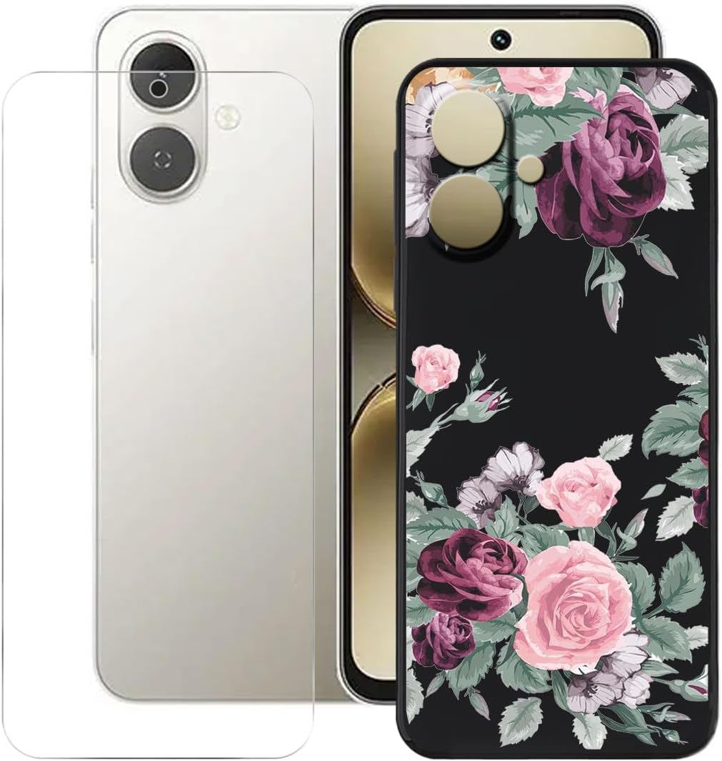 Case for Tecno Spark Go 2 (6.67 Inches) + Tempered Glass Screen HD Protection Film, Phone Case Cover Soft Silicone Black TPU Bumper – Set