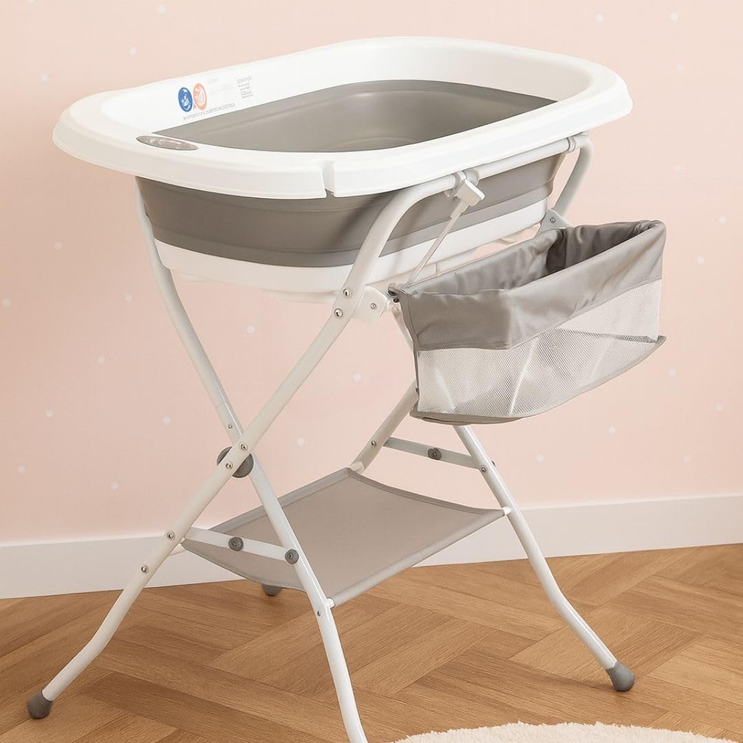Bañera Plegable de Bebé con Soporte Patas Antideslizantes | Portátil | Tubo Desagüe | Cesta para Juguetes y Organizador para Champú | Ligera, Compacta y Segura para Baño (Gris Cojín Regadera)