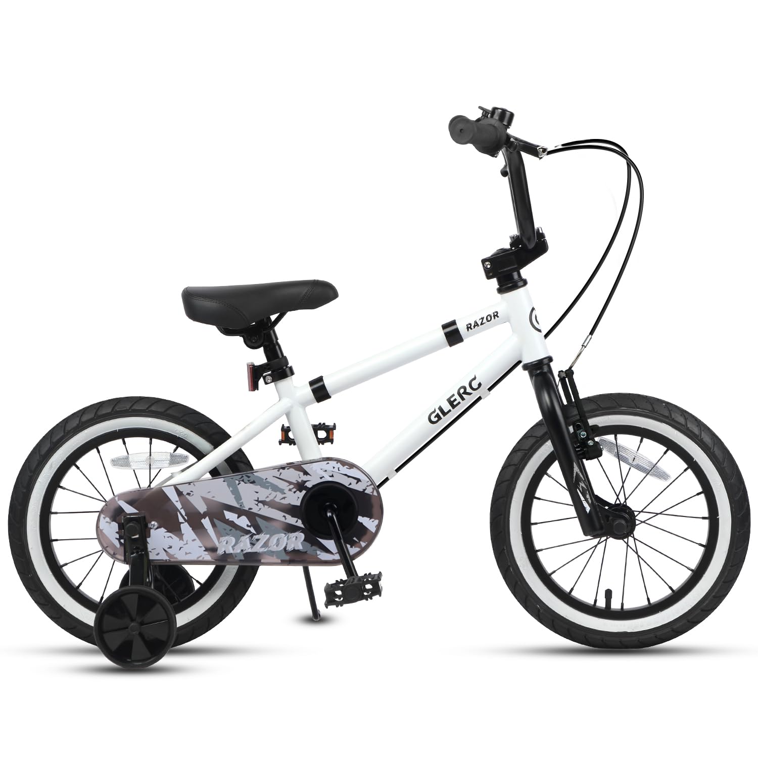 Glerc Razor 14 Inch Kids Bike for 3 4 5 Years Old Boys Beginner Toddler First Bicycle with Safety Bell & Removable Stabilisers, White