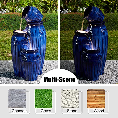 Glitzhome 27.25" H Outdoor Garden Water Fountain With Led Lights And Pump, 4 Tier Cobalt Blue Embossed Pattern Ceramic Pots Cascading Floor-Standing Fountain For Porch Deck Patio Backyard Decoration #TOP3