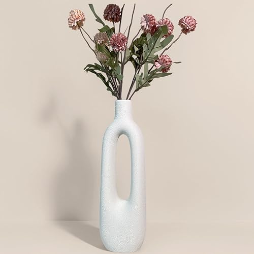 12 Inch White Ceramic Vase, Modern Farmhouse Handmade Pottery, Minimalist Small White Flower Vase for Living Room, Dining Table Home Decor, Perfect for Fresh and Dried Flowers