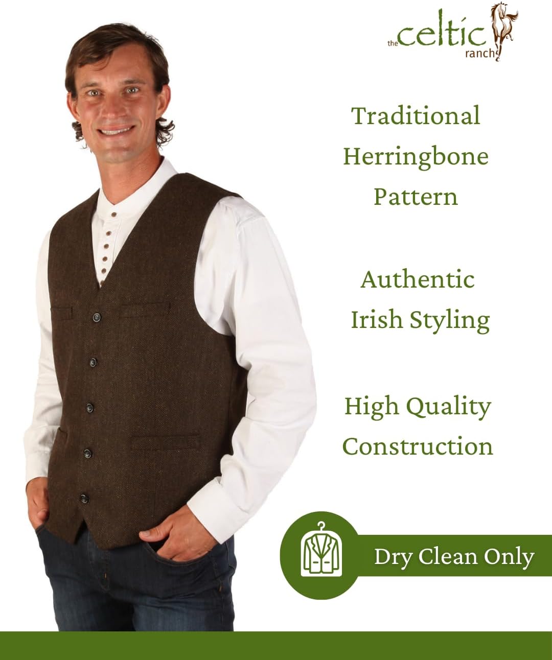 The Celtic Ranch Wool Blend Irish Tweed Mens Vest with Full Back, Adjustable Fabric Belt, 4 Pockets, and Herringbone Pattern - Image 3