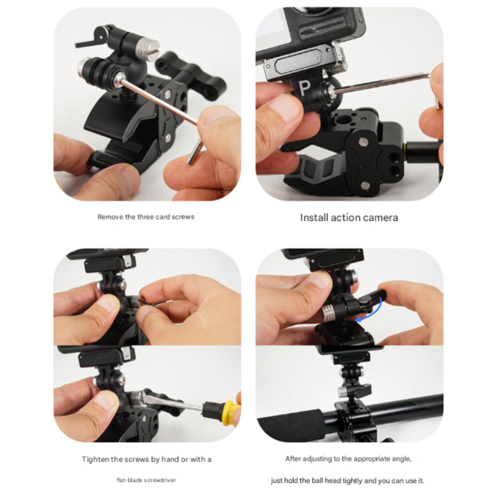 Staffa per action camera, super morsetto, regolabile a 360 gradi, con estensione da 1/4", convertitore treppiede per manubrio, accessorio per fotocamera resistente per vlog da viaggio