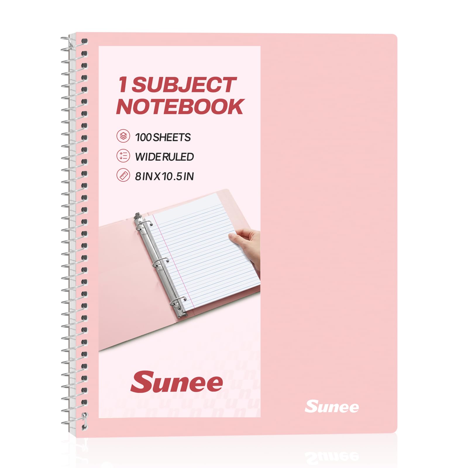 SUNEE Cuaderno en espiral, 1 materia, papel rayado ancho, 8 x 10-1/2 pulgadas, 100 hojas por cuaderno, papel perforado de 3 agujeros, cubierta resistente al agua, bolsillos de doble cara, cuadernos