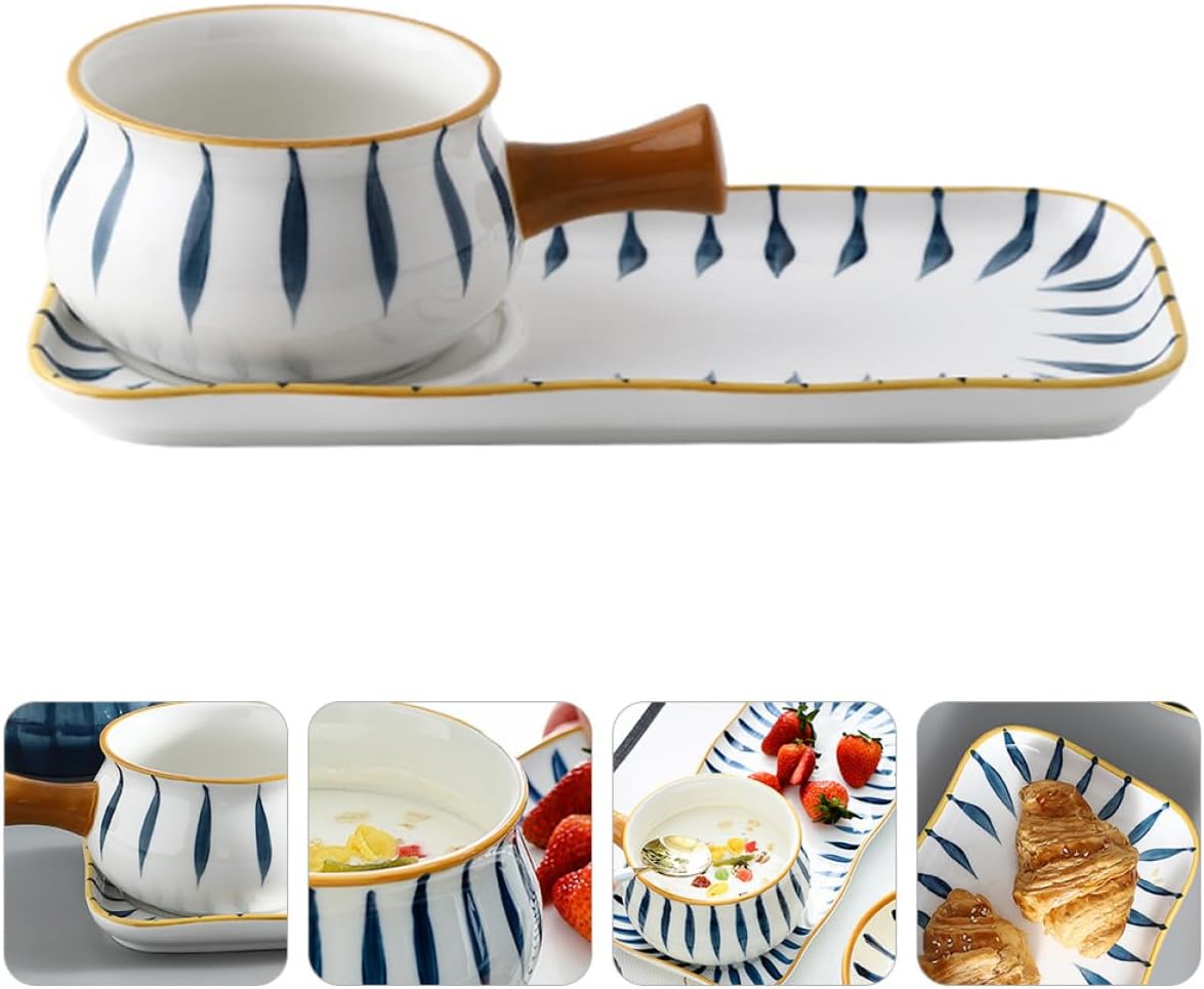 SUPVOX Ceramic Milk Pan and Soup Pot Set 650ml Hand-painted Handle with Tray for Stovetop Cooking and Heating Saucepans