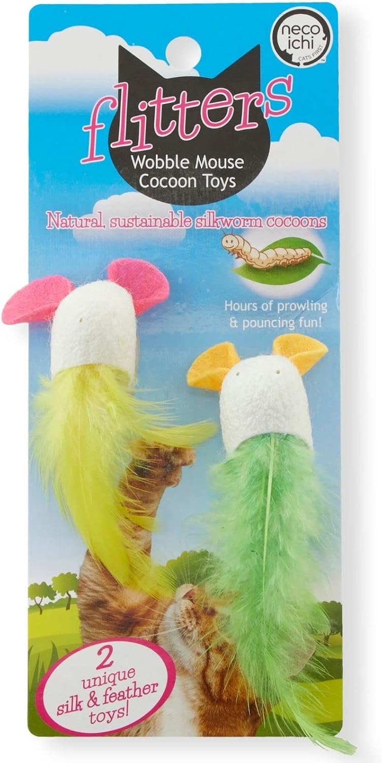 NECOICHI Flitters Wobble Mouse Cocoon Toys, Unique Cat Wand Toy Feather (Feather, Mouse Toy (Pack of 2))