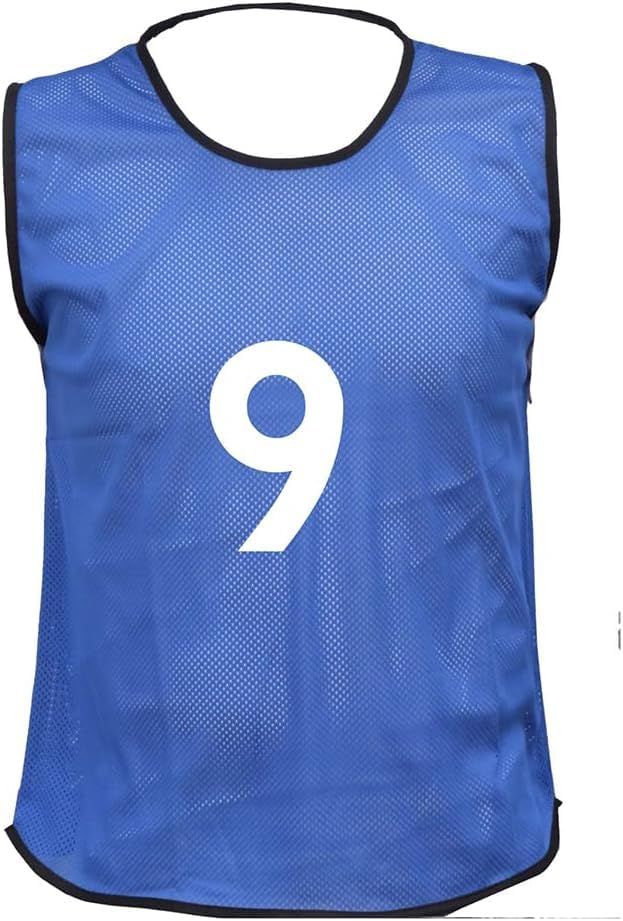 10 siatkowych śliniaków do treningu piłki nożnej, śliniaki sportowe premieer league, numerowane (1-10 lub numer do wyboru) z przodu i z tyłu (niebieski (z przodu i z tyłu), dla dzieci (14 cali)