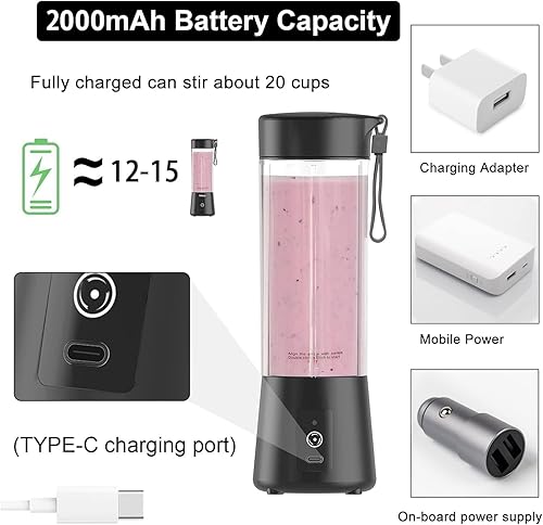 Miniatura 4 de Licuadora portátil, licuadora para batidos y batidos, licuadora personal, mini licuadora de batidos de 12.8 fl oz USB recargable con 6 cuchillas de