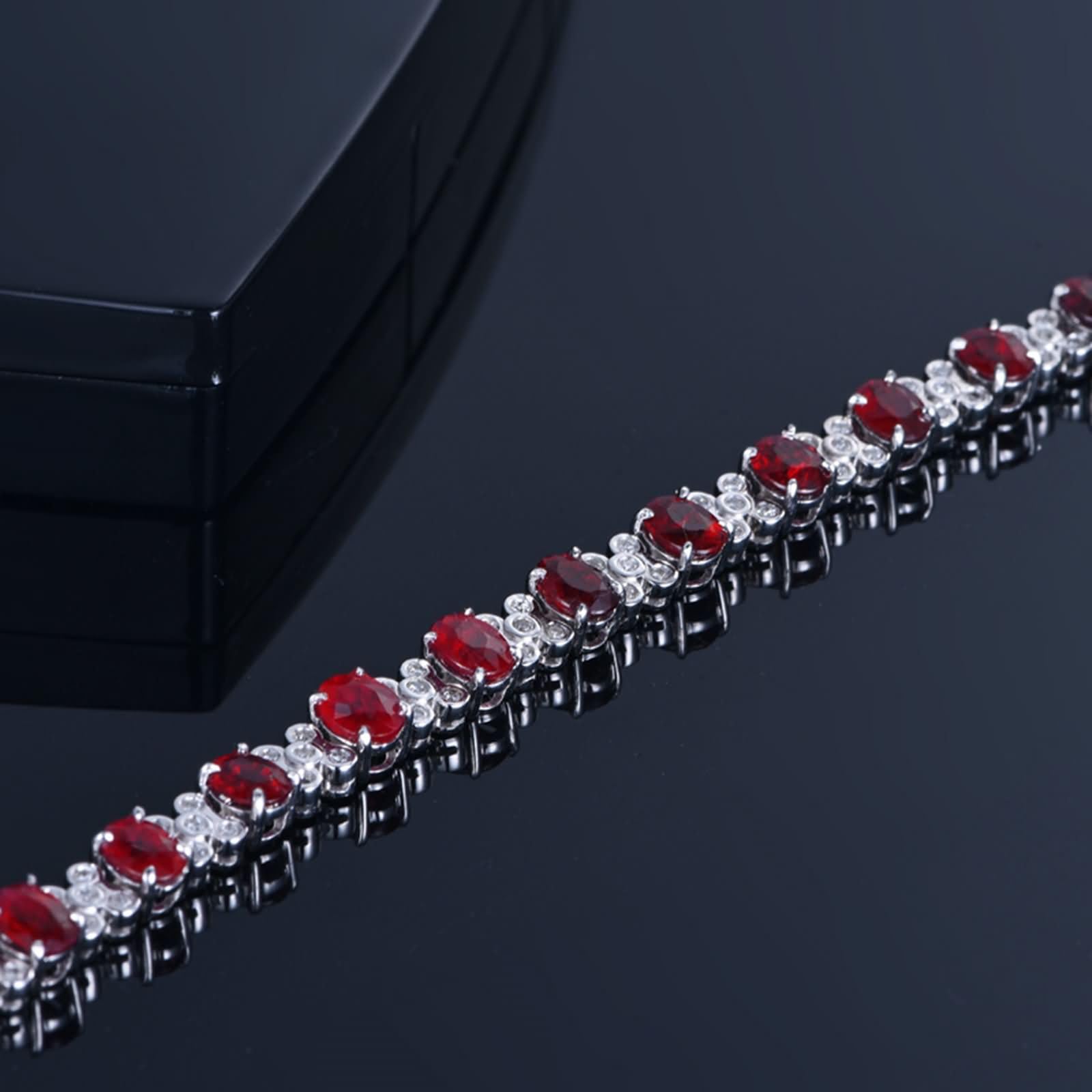 Pulsera de Oro Blanco Mujer 9 K / 14 K / 18 K, Flor y Oval con Rubí Creado de 6 ct y Diamante, Cadena 16 CM, Pulsera Mujer de Plata Rojo