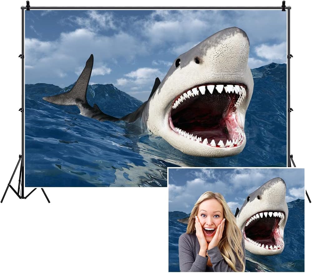 BELECO 7x5ft Fabric Shark Under The Sea Backdrop Ocean Shark Underwater Blue Sea Waves Great White Shark Aquarium Background Shark Theme Party - View #4
