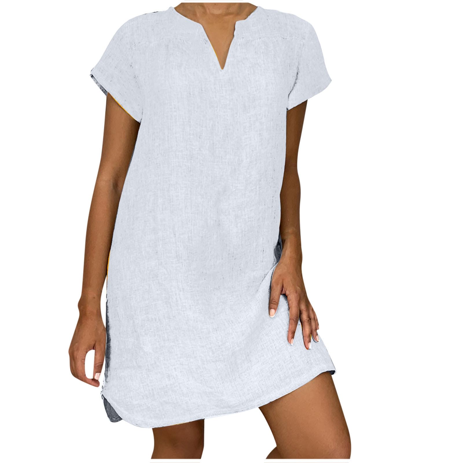 NUSGEAR Vestidos Corto Mujer Algodón y Lino Vestido 2024 Verano Basico Casual Vestidos Cuello en V Vestidos Color sólido Elegante Manga Corta Vestido Cómodo Moda Playa Talla Grande Ligero
