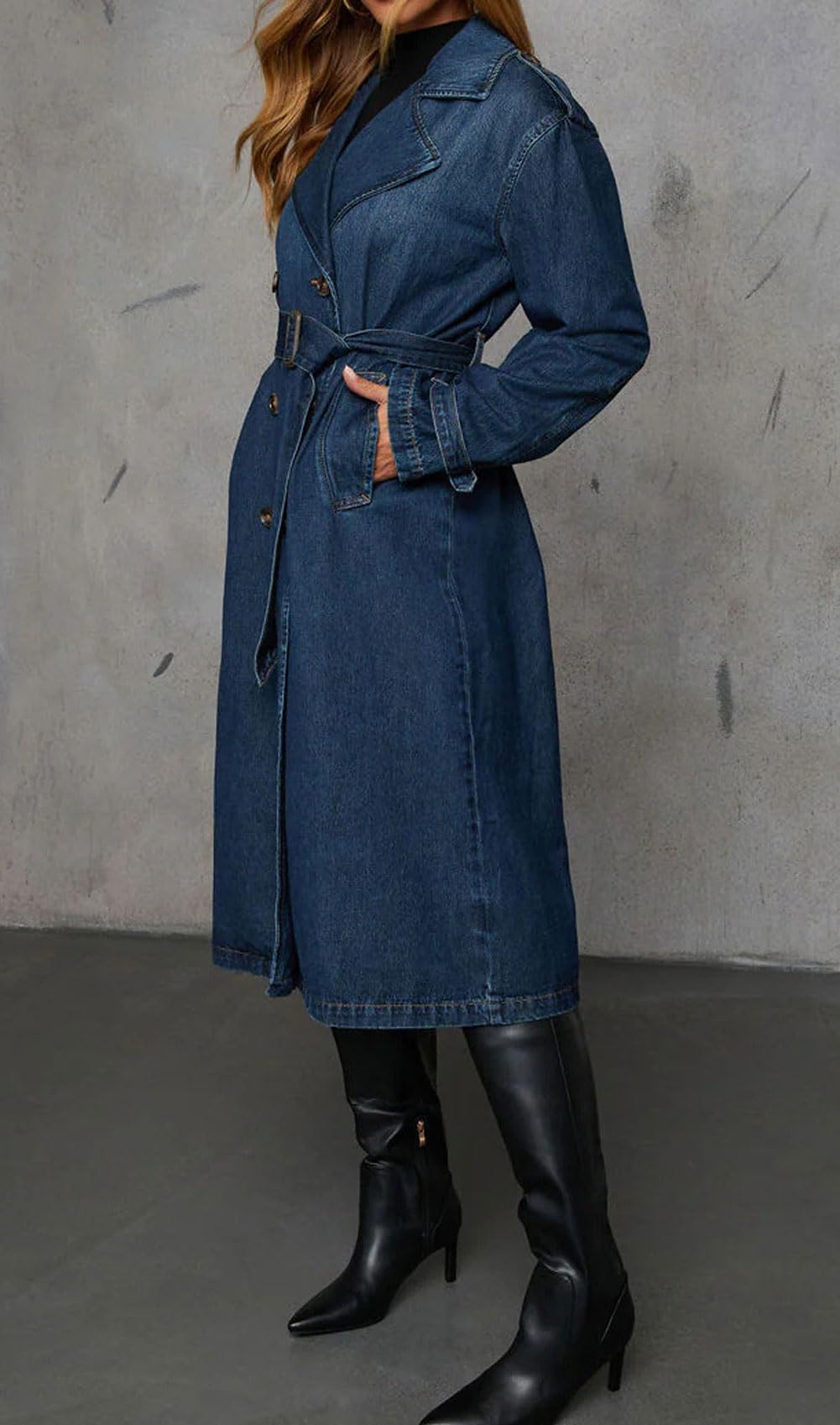 loveimgs Donne Vintage Doppio Petto Mid Lungo Denim Giacca Jean Trench Cappotto Duster Blazer Giacca a Vento Cintura