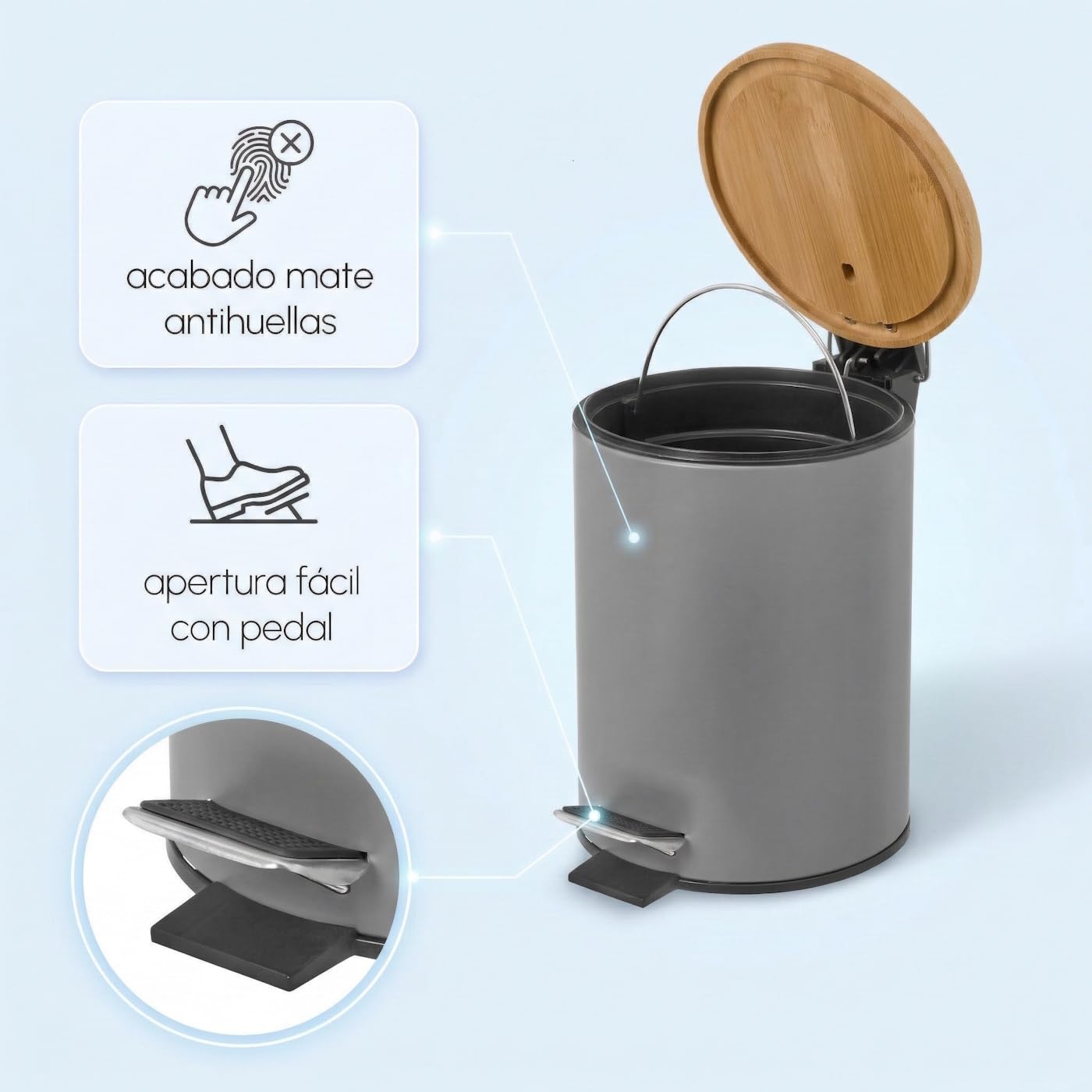 LOLAhome - Papelera de 3 litros de Pedal de Metal Gris y Tapa de Bambú para Baño - Cubo Interior Extraíble y Acabado Mate Antihuellas