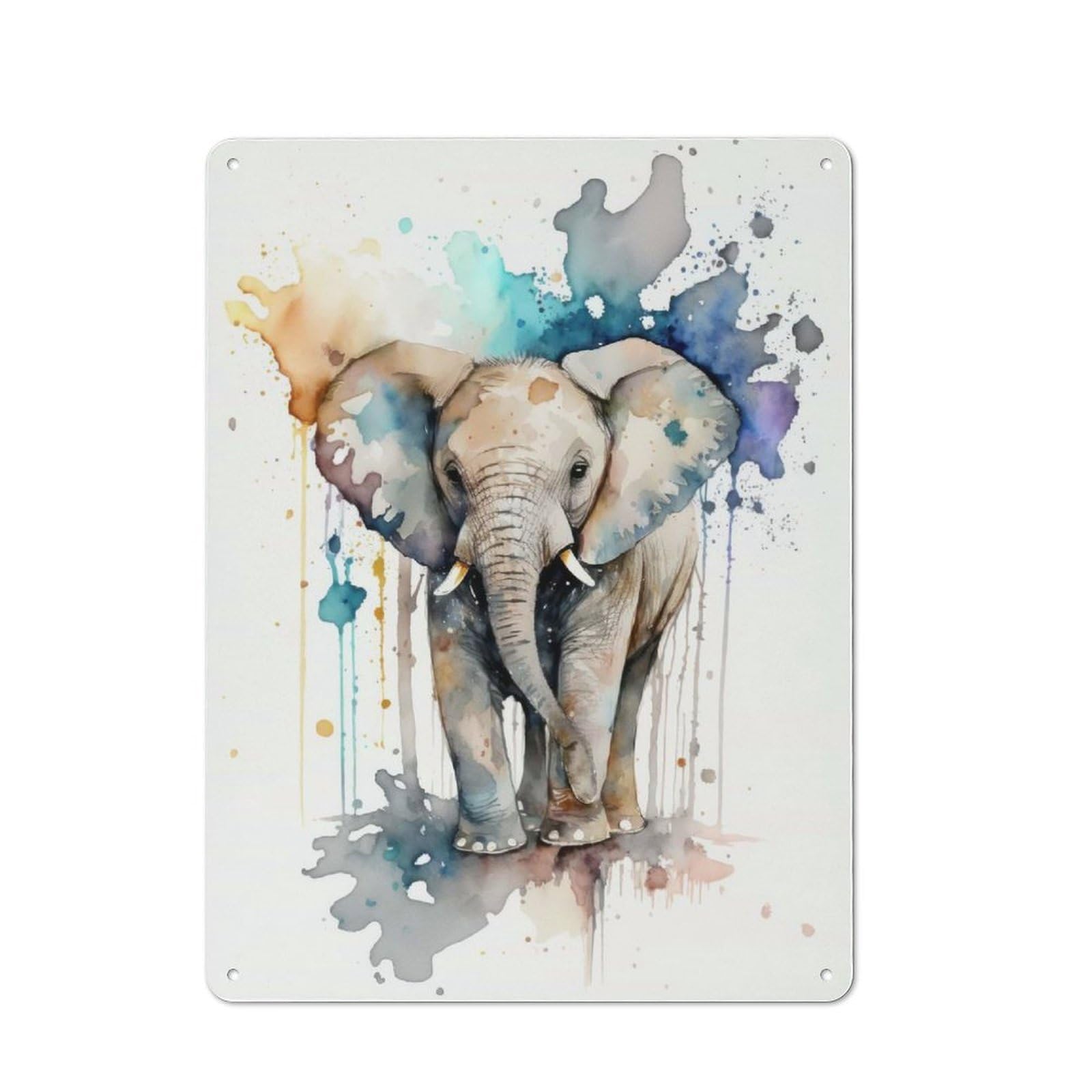Tin Wall Plaque 40x30cm with Baby Elephant Watercolor for Kitchen Or Home Bar, for Metal Sign Collectors, for Cafés, Pubs And Restaurants