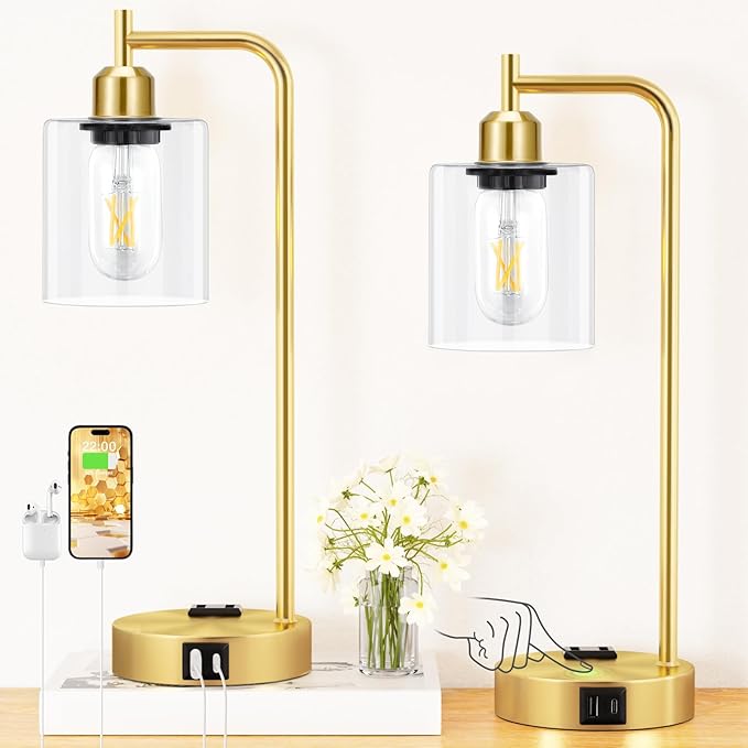 Innqoo Industrial Gold Table Lamp for Bedrooms Set of 2-3-Way Dimmable Desk Lamp with USB C+A Ports and Outlet, Gold Lamps with Clear Glass Shade for Living Room, Desk Lamps for Home Office