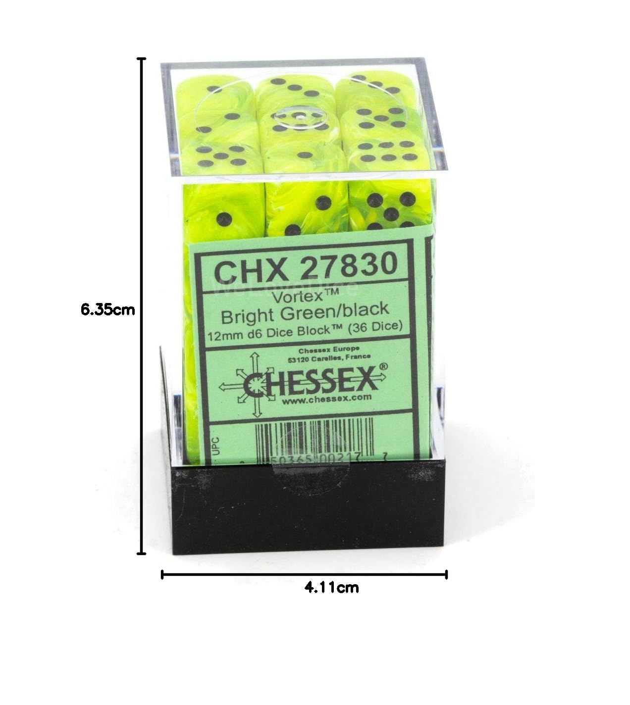 DICE69K Chessex Dice d6 Sets: Vortex Bright Green with Black - 12mm Six