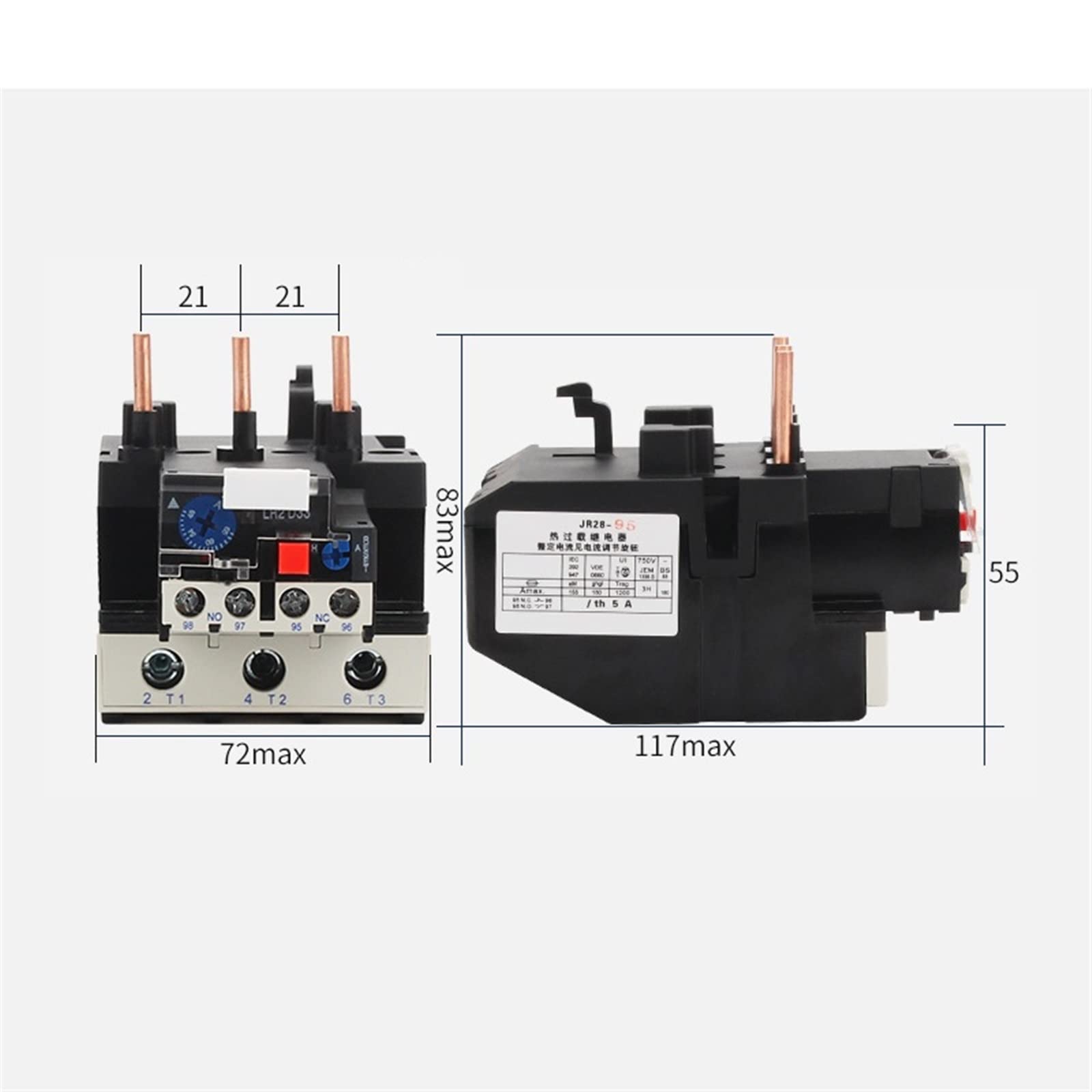 JR28-95 Thermisches Überlastrelais LR2D33 Einstellbares Thermorelais Elektrische Relais 23-32A 30-40A 37-50A 48-65A 55-70A 63-80A 80-93A Ersatzteile (Size : 55-70A)