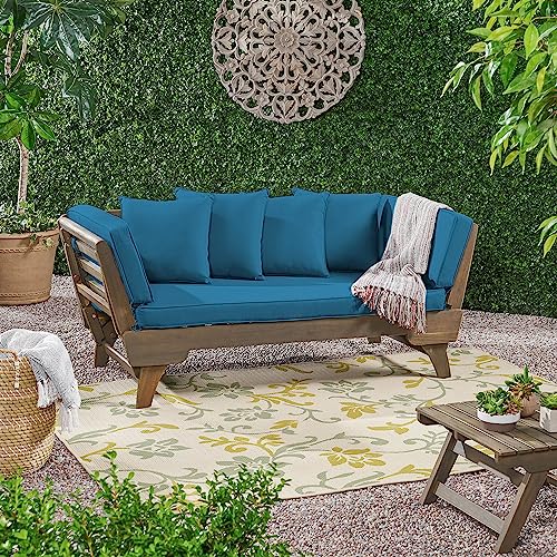 Convertible Outdoor Daybed, Acacia Wood & Waterproof Fabric, Expandable Sofa for Patio Furniture