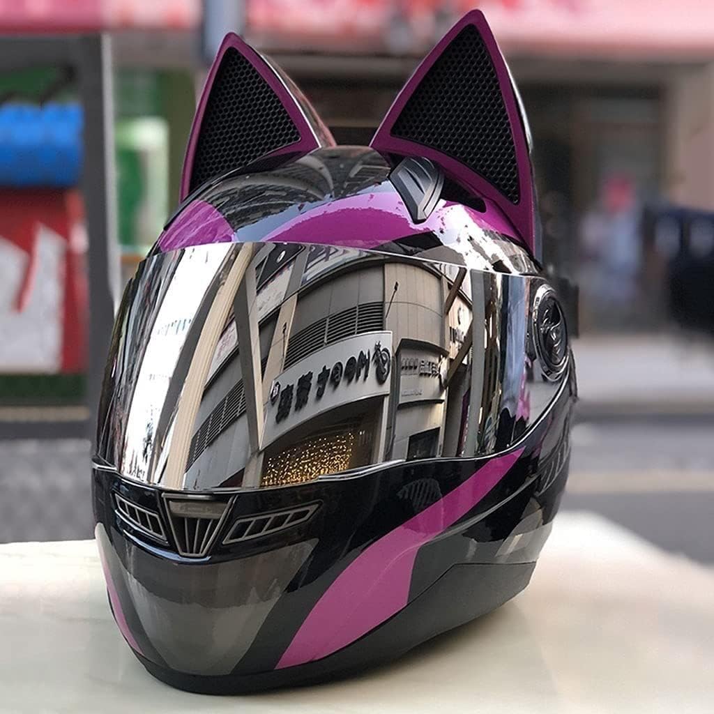 Men Women Cat Ears Motorcycle Full Face Helmet - Off-Road ATV Motorcycle Helmet with Flip Up Visors DOT Certified Motocross Helmet for Cruiser Scooter Chopper ATV ( Color : B , Size : L=56-57cm )