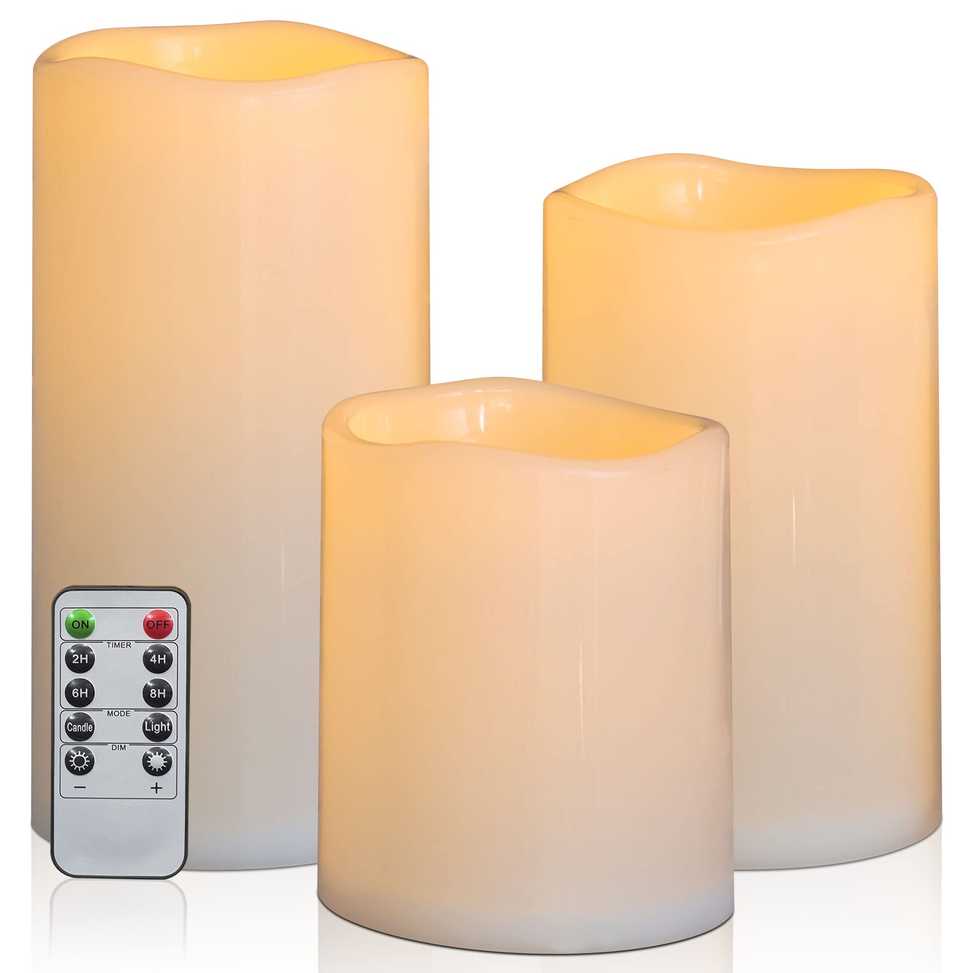 Yongmao 6" 8" 10" x 5" Waterproof Outdoor Flameless Candles Battery Operated LED Flickering Pillar Candles with Remote and Timer for Indoor Outdoor Lanterns, Long Lasting, Ivory Large, Set of 3