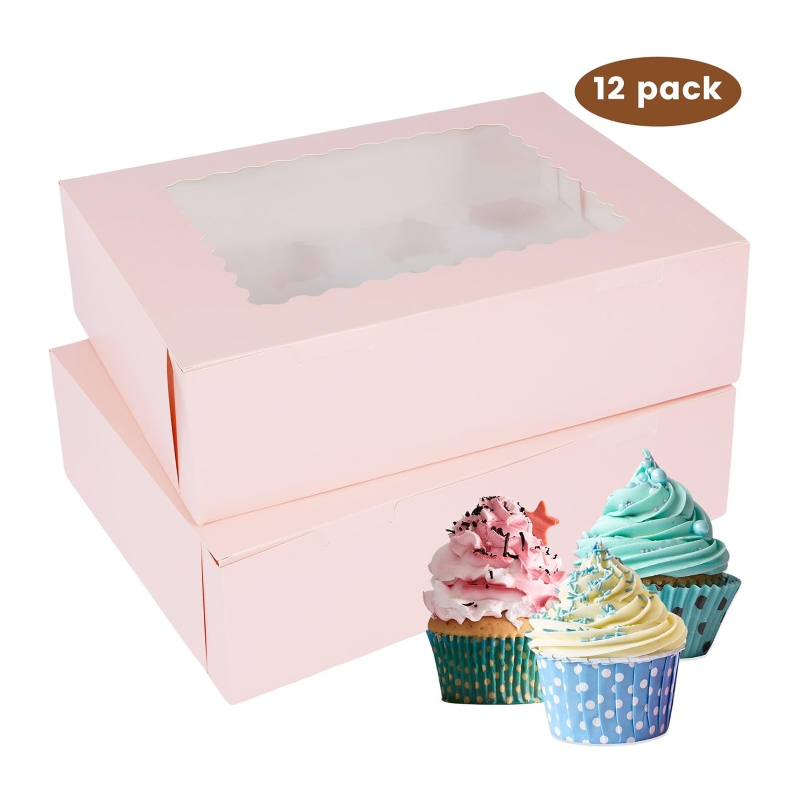 Recipiente para guardar tartas, Cajas de papel for cupcakes de 12 cavidades con ventana transparente, 32,5 x 25 x 9 cm, multicolor, paquete de 12(Pink)