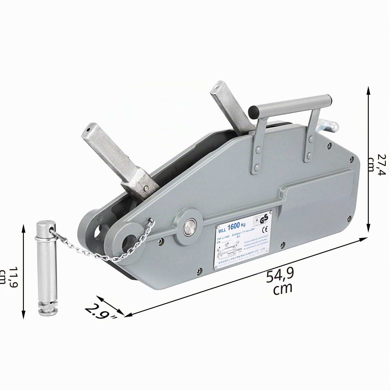 VEVOR Seilzug bis 1600 kg Kapazität mit 20 m Seil Forstseilwinde mit bremse zum Ziehen Spannen und Heben Handseilwinde Seildurchmesser 11 mm maximale Reiselast 2400 kg