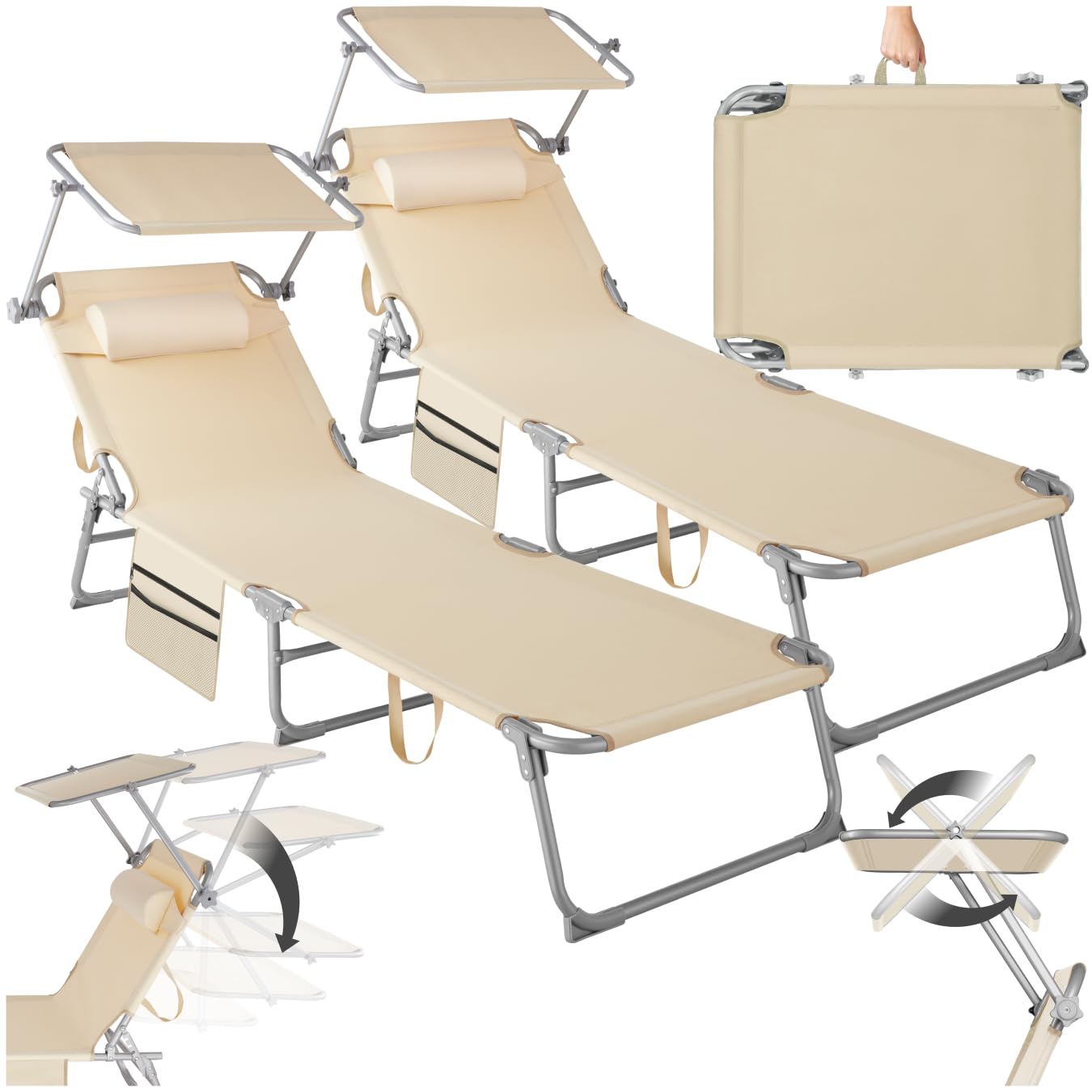 tectake® 2er Set Sonnenliege klappbar und tragbar, Liege mit Seitentasche, Strandliege, Gartenliege mit Dach, Liegestuhl mit Verstellbarer Rückenlehne, Kopfkissen - für Balkon, Terrasse (beige)