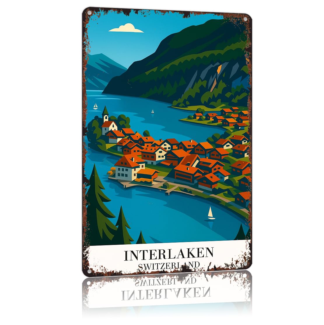 peiyeety Vintage Tin Sign Interlaken Switzerland Poster Funny Metal Sign Aluminum 8x12inch For Bathroom Bedroom Living Room Wall Decor