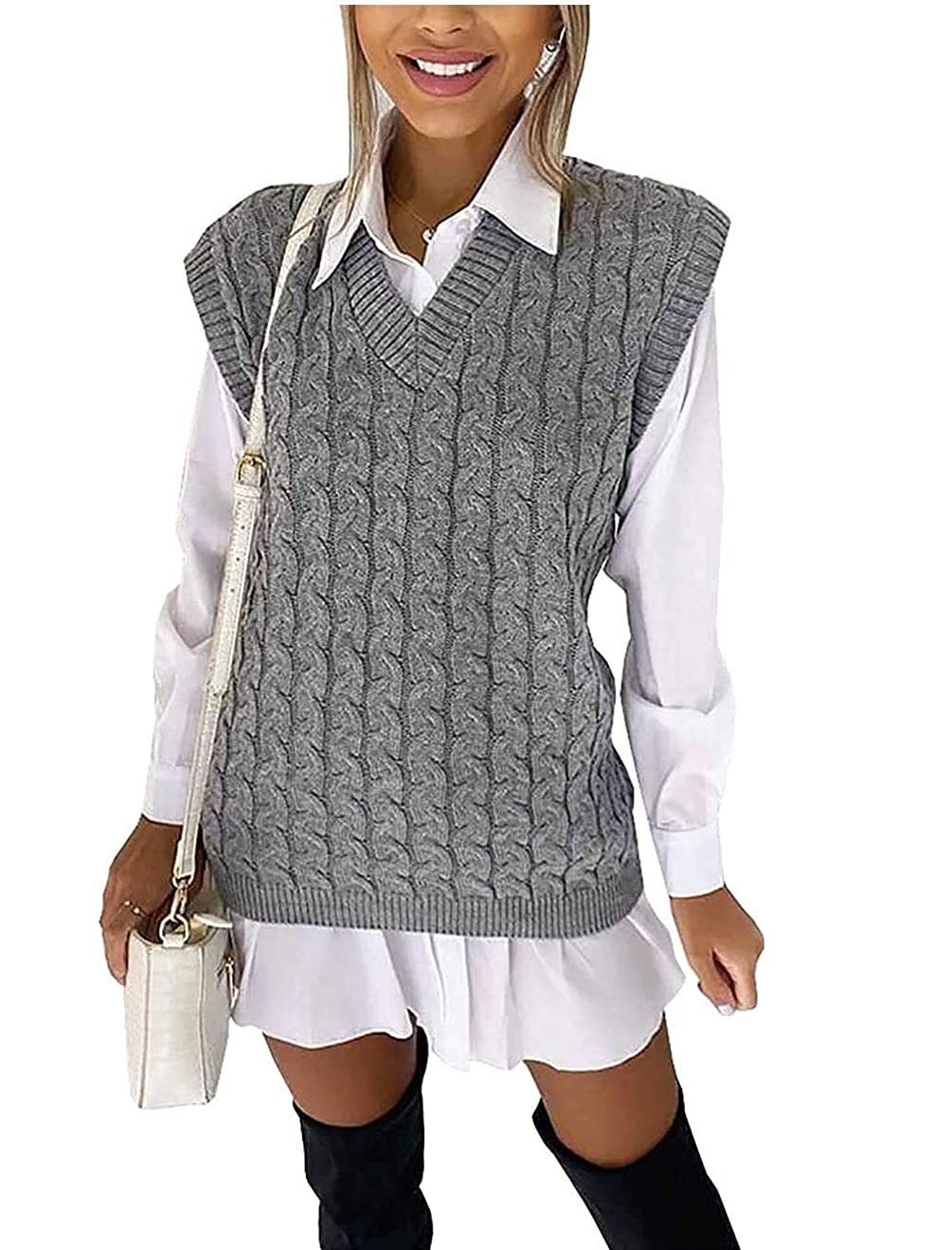 New Women's Ladies Cable Knit Sleeveless Vest Knitted Jumper Tank Top Winter Sweater (Grey, M)
