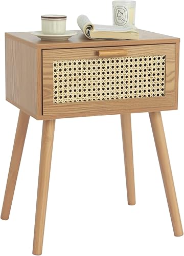 AWASEN Mesita de noche de mediados de siglo, mesa auxiliar de ratán con cajón, moderna mesita de noche con almacenamiento y patas de madera maciza