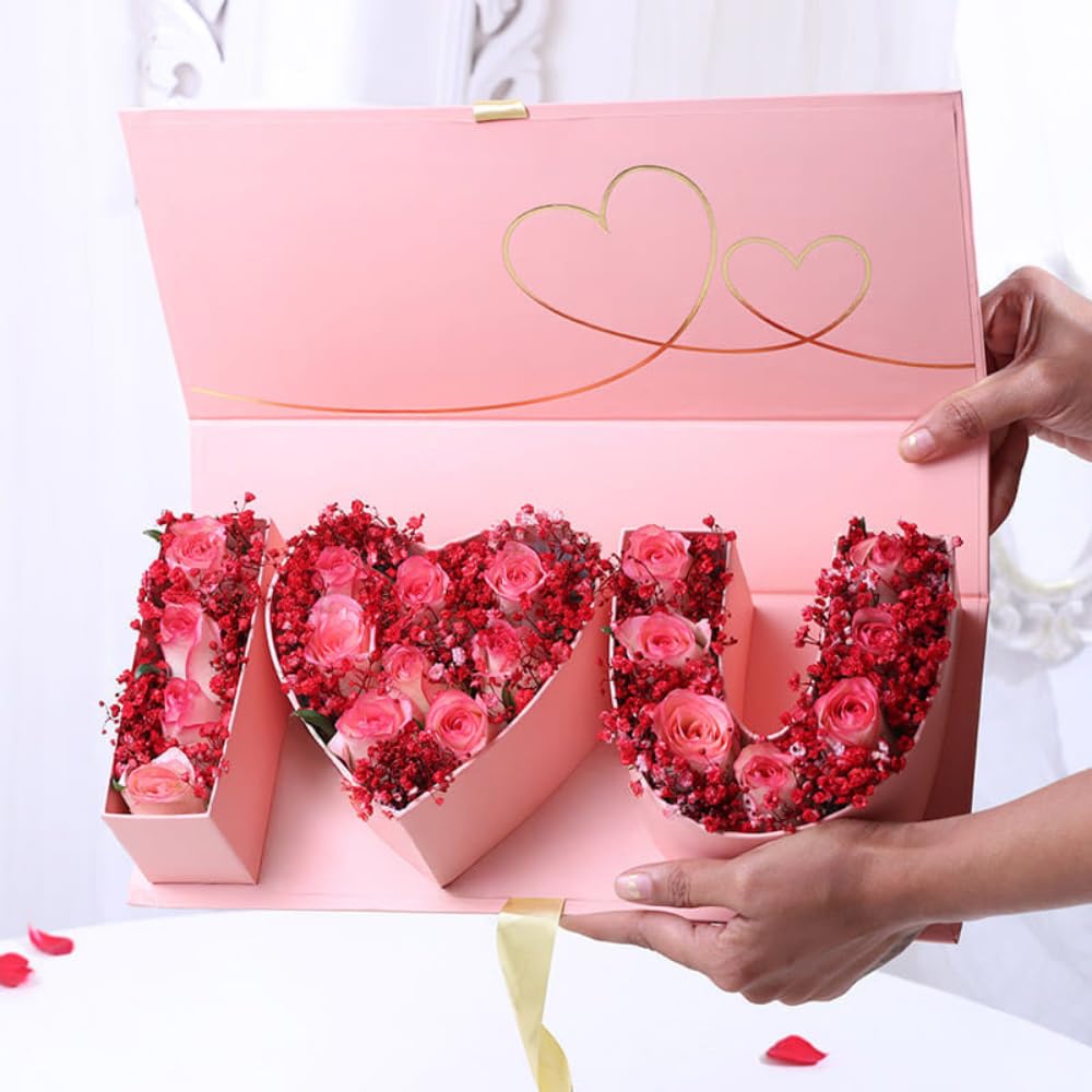 FlowerAura Premium Fresh Live Flower Bouquet of 18 Pink Roses & Red Gypsos Bunch In Designer Love Box Gift For Birthday | Anniversary | Love | Home Decor | Mothers Day Gift For Mom (Same Day Delivery)-image-0