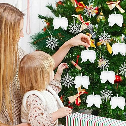 SRunDe 20 PCS Feather Hanging Angel Wings for Christmas Tree and White Glitter Snowflake Hanging Decorations with Silver Threads for Xmas Party, Birthday, Garland, Interior Window Door Home Decor