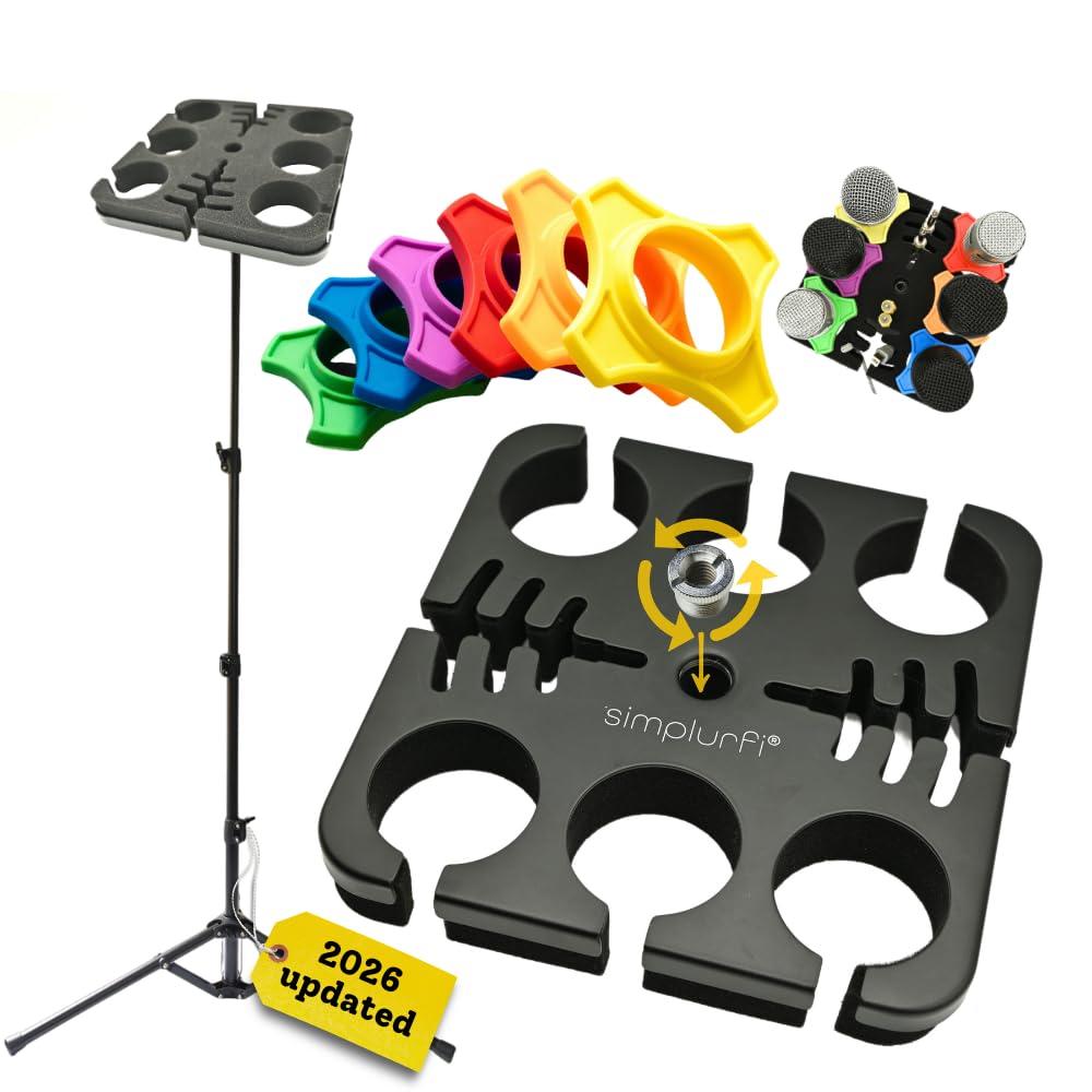 Multi Microphone Holder Cable Hanger &amp; Organizer with Floor Mic Stand - Square Tray Attachment holds up to 6 mics On Stage Organizer and Display - 6 Anti-roll Rings Included