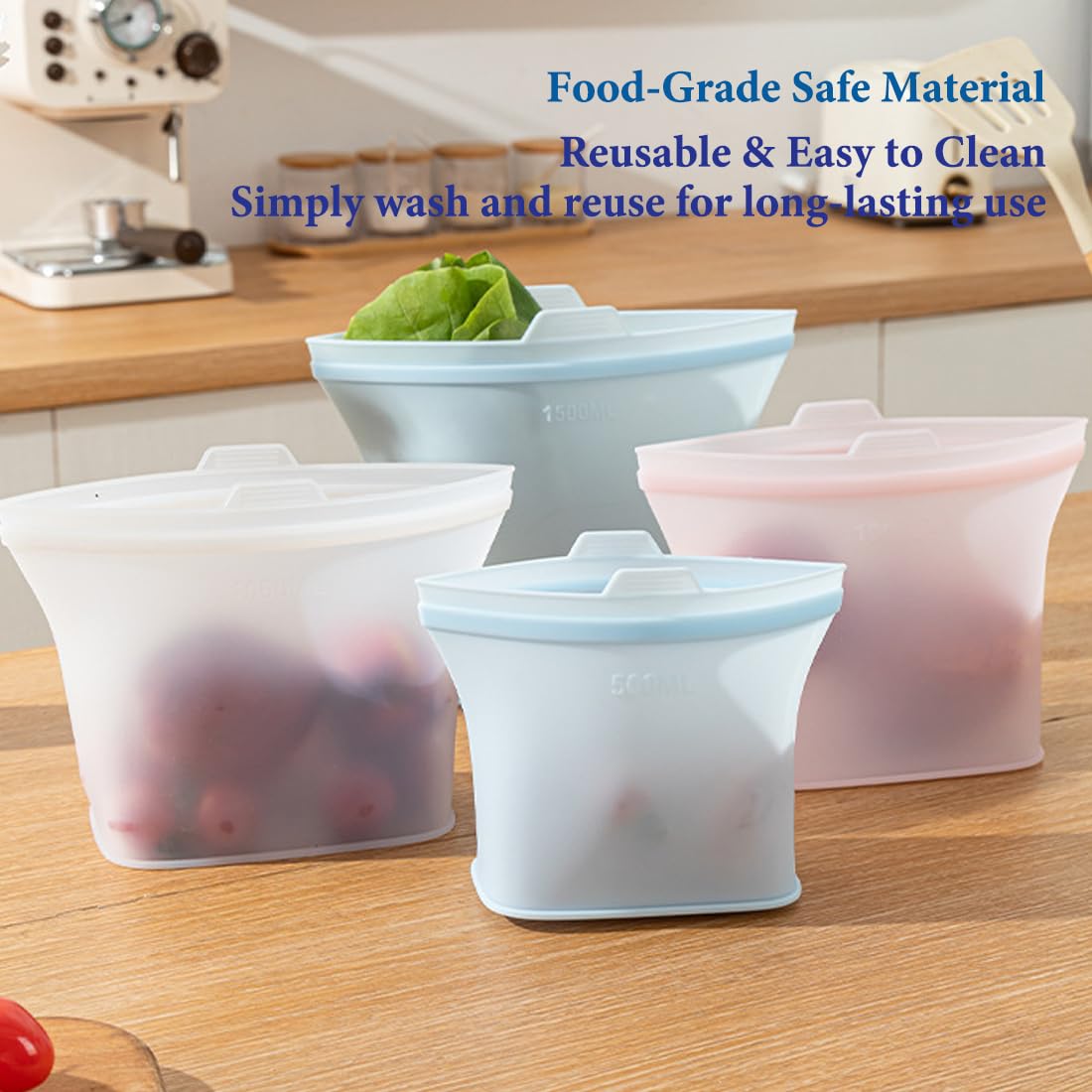 Bolsas de Silicona Reutilizables para Alimentos (500/1000/1500 ml), Bolsas Herméticas Antifugas para Congelador y Microondas, Conservación de Comida (0.5L+0.1L+0.15L-A)