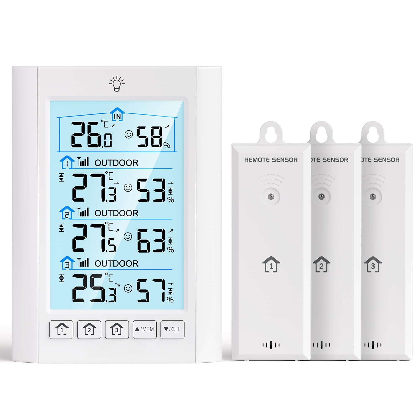 LIORQUE Estacion Meteorologica Interior Exterior, Termómetro Higrómetro con 3 Sensor Exterior, Pantalla LCD Retroiluminada, Conmutable ℃/℉, Indicador de Nivel de Confort