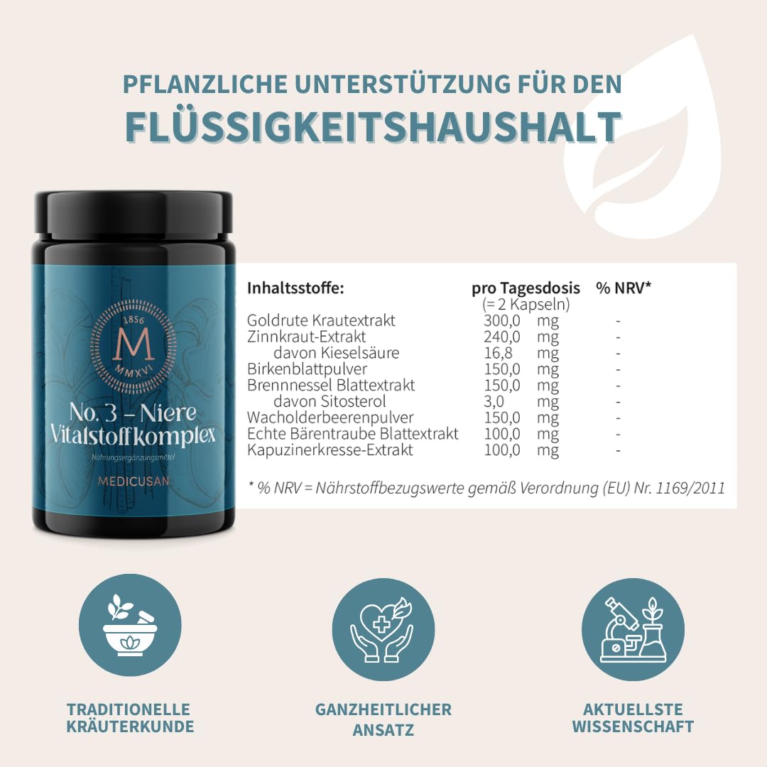 No.3 Niere – 1.200mg Goldrute – 1.200mg Zinnkraut – 1.500mg Brennnessel – 150mg Wacholderbeeren, Birkenblatt – 400mg Echte Bärentraube, Kapuzinerkresse – 2Kapseln/Tag – 60Kapseln/30Tage