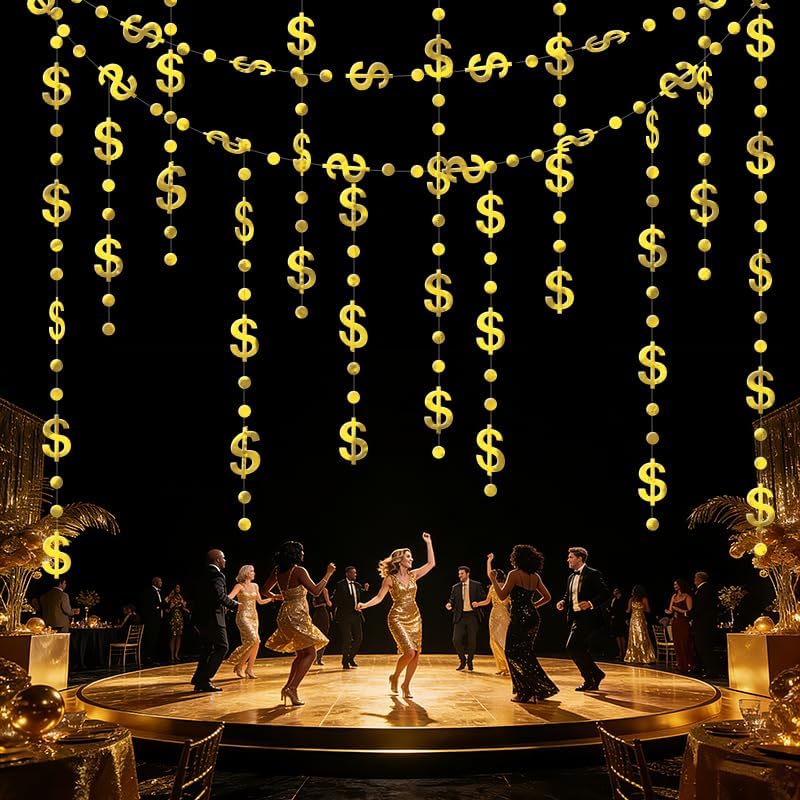 3 Pack 13 Feet Gold Dollar Sign Hanging Garland Gold $ Symbol Banner for Graduation Birthday Las Vegas Casino Night Retirement Party Decorations Dollar Photo Booth Backdrop Decoration