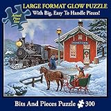 Bits and Pieces - 300 Large Piece Glow in the Dark Puzzle for Adults - 18” x 24” Finished Size - Home For the Holidays by Artist John Sloane - Christmas Reunion - 300 pc Jigsaw
