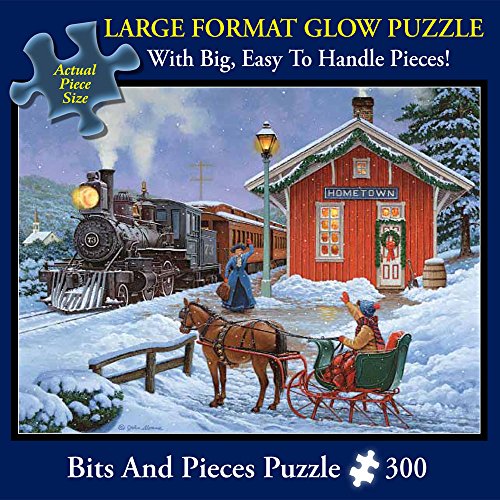 Bits and Pieces – Large 300 Piece Glow in The Dark Jigsaw Puzzle for Adults – Home for The Holidays by Artist John Sloane - Christmas Reunion, Completed Puzzle Size: 18