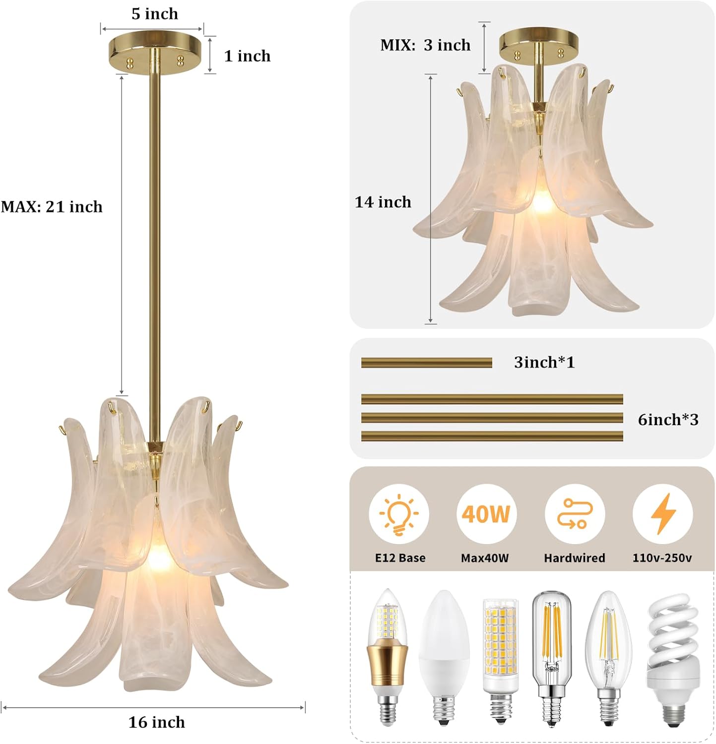 Modern Floral Pendant Light, Frosted Glass Petals Chandelier with Gold Finish,Single Light Hanging Fixture for Dinning Room,Living Room,Hallway.Size D15.94 xH13.97