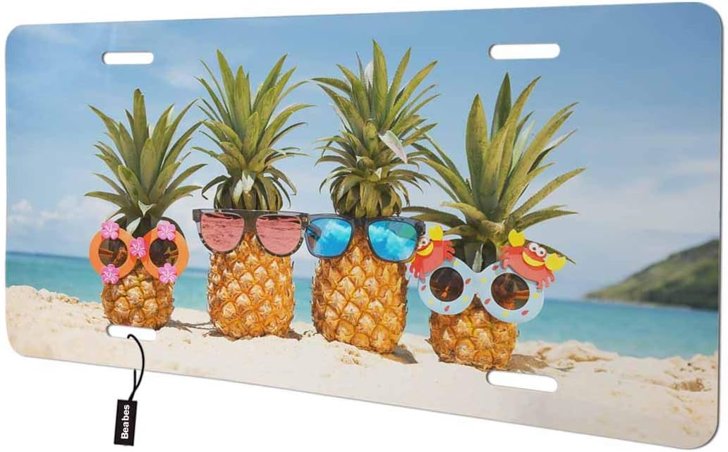 Beabes Tropical Summer Pineapples with Sunglasses Front License Plate Cover,Ocean Beach Sand Decorative License Plates for Car,Aluminum Novelty Auto Car Tag Vanity Plates Gift for Men Women 6x12 Inch